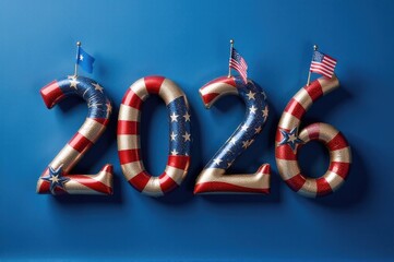 A patriotic balloon arch made up of numbers and American flags, perfect for 4th of July celebrations or military events..New Year 2026.