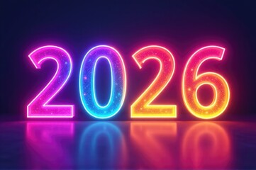 A neon sign with the year '2026' displayed prominently on a black background..New Year 2026.