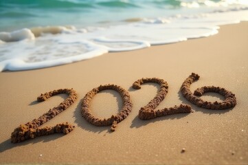 A word '2018' written in sand on a beach, with calm ocean waves and shore in the background..New Year 2026.