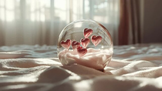A glass dome containing floating heart-shaped balloons sits on a sunlit, softly rumpled bed.