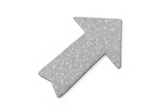 Sparkling silver glitter arrow pointing up and to the right on a transparent background, perfect for adding a touch of shine to designs