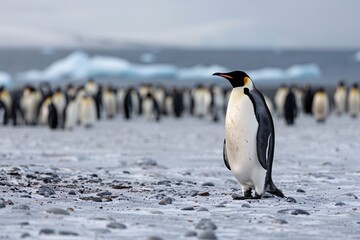 Fototapeta premium An emperor penguin stands proudly in the icy landscape, surrounded by a flock in the background.
