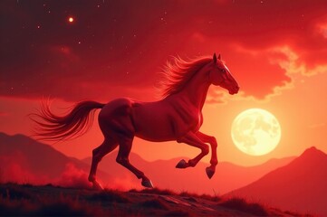 A horse is seen galloping under the light of a full moon..New Year 2026.