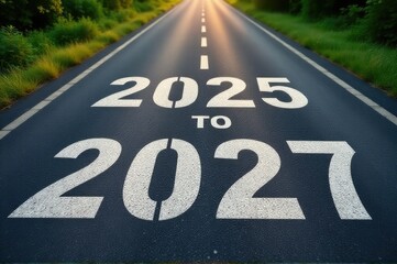 A road with painted numbers indicating dates from 2025 to 2027..New Year 2026.