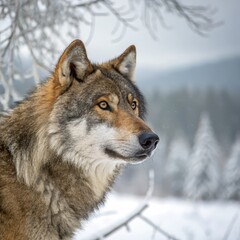 Winter Wolf Portrait Majestic Gaze in Snowy Woods, wildlife, predator