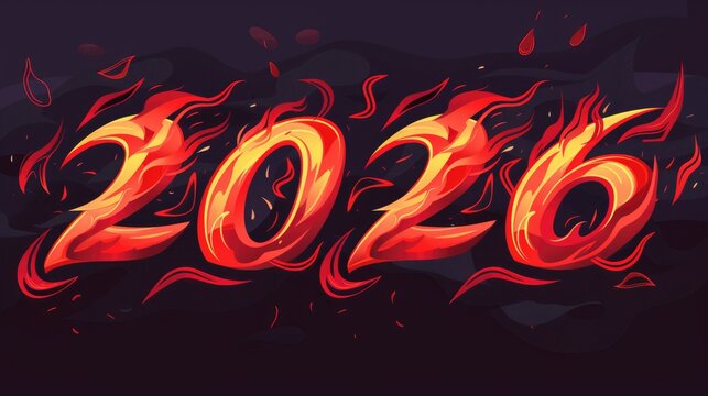 Stylized molten lava numbers 2026 with flowing red orange flames on dark volcanic background. New Year celebration banner or invitation concept