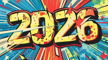 Retro comic style 2026 numbers with explosive burst rays and colorful pop art design. New Year celebration banner or invitation concept