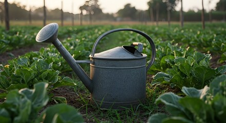 Watering can in garden.