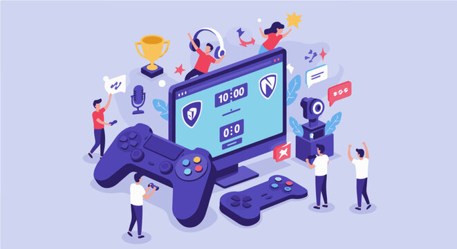 E-sports, Online Gaming, and Competitive Gaming Culture. Isometric illustration of e-sports and online gaming with a monitor, controllers, and celebrating players.