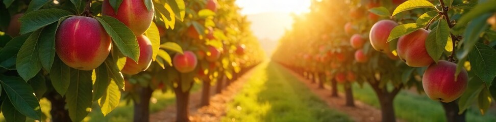 Sun-drenched rows of peach trees laden with ripe, juicy peaches ready for harvest A picturesque summer scene in a vibrant orchard Golden sunlight filters through the leaves , fruit, texture, fresh
