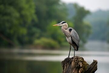 A majestic blue heron perched on a log, surrounded by serene water and lush greenery.