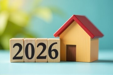 A simple wooden block with the year '2026' written on it, placed next to a small house..New Year 2026.