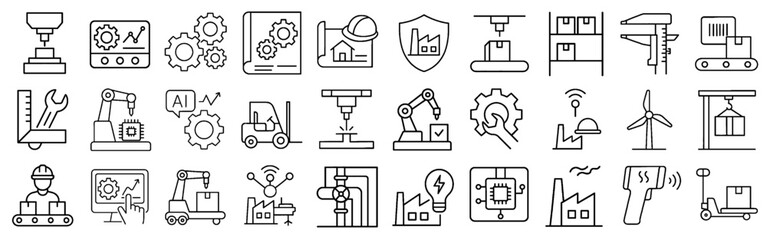 Industrial Automation Stroke Icon Collection. Containing Robotics, Production Line, Machinery, Factory Equipment, and More. Editable Outline Vector Icons Set.