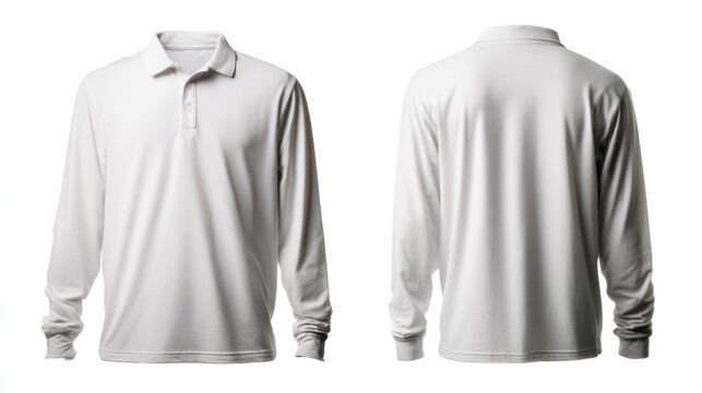Isolated front and back images of a long-sleeve polo shirt, neutral lighting, clear background, showcasing cuff details and fabric drape