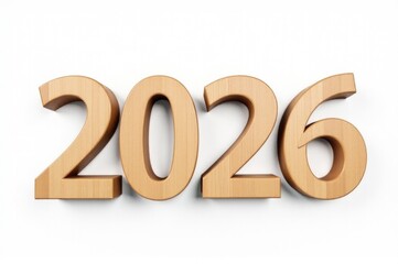 A close-up of a wooden sign with the year 2026 written in bold letters on a white background..New Year 2026.