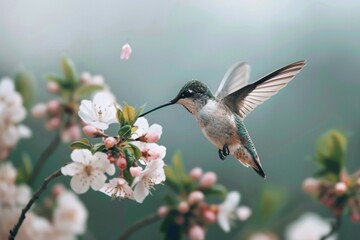 A hummingbird hovering gracefully near delicate pink blossoms in a soft, serene setting.