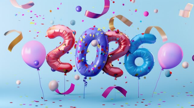 Colorful foil balloon 2026 numbers with confetti ribbons and party decorations celebration. New Year celebration banner or invitation concept