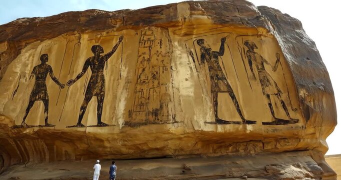 Low angle static shot: Ancient rock carvings depict figures and an obelisk under a clear sky.