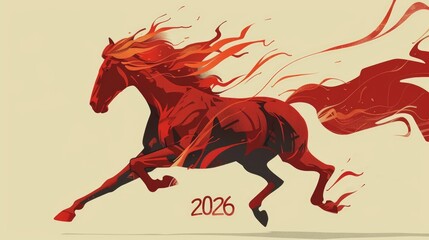 Majestic fire horse with flowing flame mane and sparks on light background. Chinese zodiac symbol of 2026 Fire Horse Year