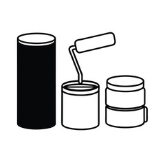 Paint cans stacked near roller brush in drawing Vector illustration