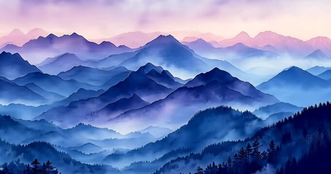 Misty mountain landscape with blue, purple, and pink hues at sunrise.