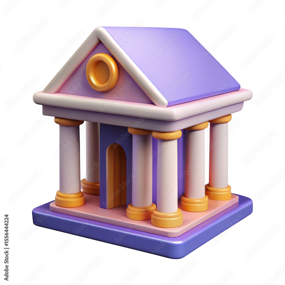 Poster stylized 3d illustration of a purple and pink classical building with columns and a golden circular 