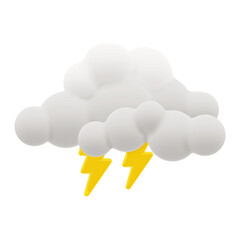 Vector 3D rendering cartoon style clouds with yellow lightning. Modern glossy plasticine style weather icon, isolated on a white background.