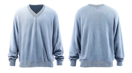 Isolated front and back images of a V-neck cotton sweater, displayed on a ghost mannequin, clear background, emphasizing fabric weave and seam details