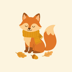 Cozy autumn fox with scarf,  fall leaves illustration