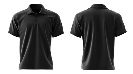 Isolated image of a black polo T-shirt, front and rear perspectives shown side-by-side on a transparent background