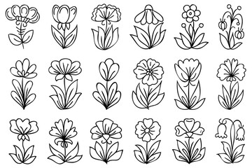 Abstract line art hand drawn cute flowers. Flowers with stem and leaves drawn with black thin line. Cute, doodle style, cartoonish floral drawings collection.