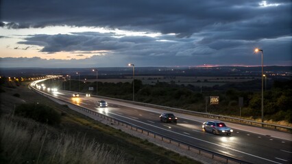 Road, sky, highway, night, light, speed, asphalt, landscape,blur, travel, clouds, way, sun, motion, drive, sunset, cloud, nature, journey, horizon, driving, traffic, background image
