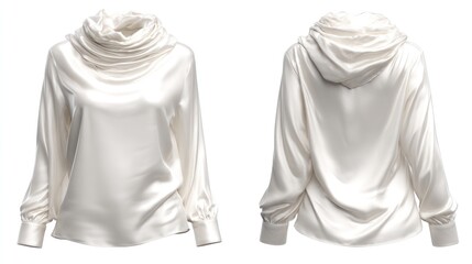 Isolated image of a satin blouse with cowl neckline, front and rear views aligned side-by-side on a transparent background