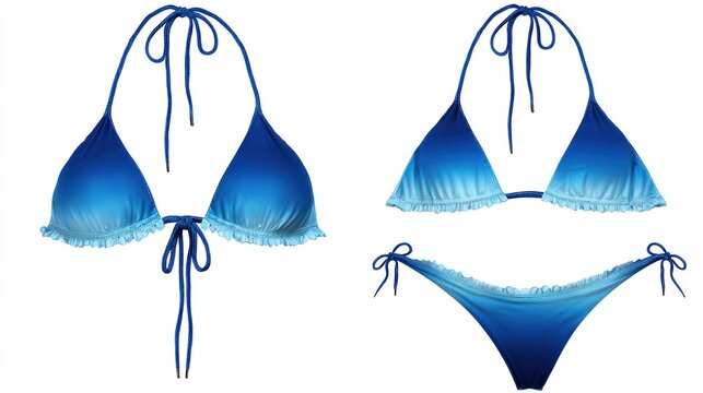 Isolated image of a two-piece bikini set, front and back aligned side-by-side, clean transparent background