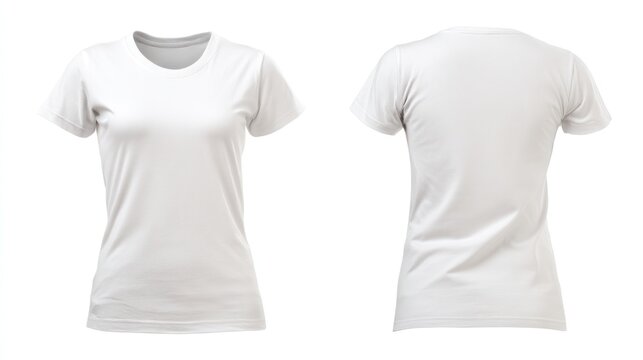 Isolated image of a women's fitted T-shirt, front and back, on a white studio background, wrinkle-free