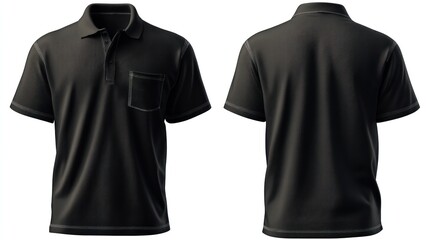 Isolated images of a black polo shirt with chest pocket, front and back views, on transparent background, emphasizing pocket placement and stitching details