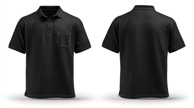 Isolated images of a black polo shirt with chest pocket, front and back views, on transparent background, emphasizing pocket placement and stitching details