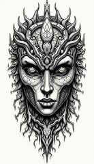 Fototapeta premium Monochromatic illustration showcasing a symmetrical fantasy face with intricate tribal details.