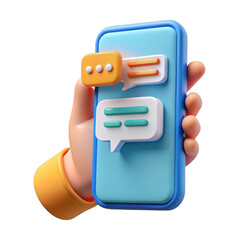 Stylized 3d hand holding a smartphone displaying chat bubbles and message notifications isolated on transparent background