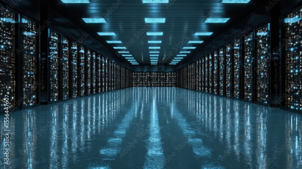 Poster data fortress: a long, modern server room with rows of blinking lights, representing the heart of di