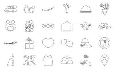 Family & wedding  icon .  Marriage, party, love, rings, wedding car,  photo, dinner, bouquet, and etc Vector illustration. Pictograms and infographics for mobile apps.