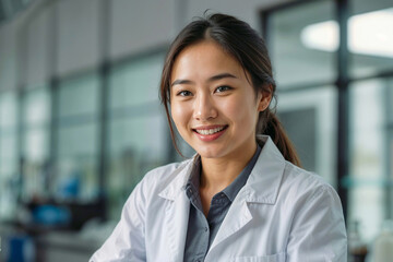 Portrait of Asian medical woman in a white lab coat is smiling for the camera. She is happy and confident