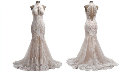 Isolated images of a high-neck lace evening gown, front and back views, on transparent background, highlighting intricate lace patterns and elegant design