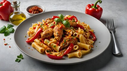 A plate of spicy Cajun chicken pasta with bell peppers, isolated white background, hyperrealism art style


