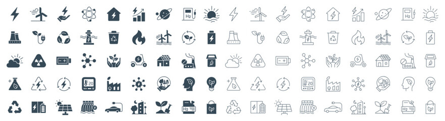 Sustainable Energy and Ecology Vector Icons Set - Renewable Power, Sustainable Solutions, Green Technology, and Environmental Vector Symbols in Line and Solid Illustration