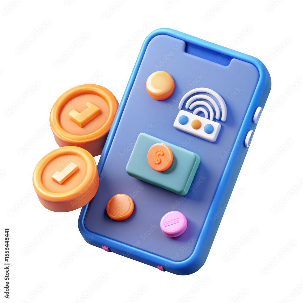 Aufkleber 3d render of a blue smartphone displaying financial icons and coins isolated on transparent backgrou