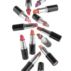 Obraz premium Assortment of colorful lipsticks with black cases isolated on transparent background