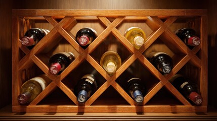 Stylish wooden wine rack holds assorted wine bottles neatly organized in a warm, inviting home setting with soft lighting