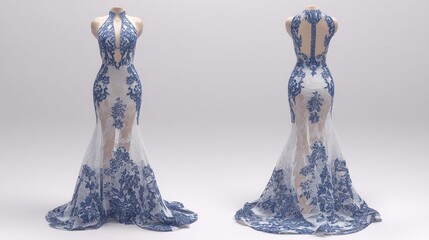 Isolated images of a mermaid-style evening dress with lace overlay, front and back views, on clear background, emphasizing intricate patterns and fit, high-detail rendering