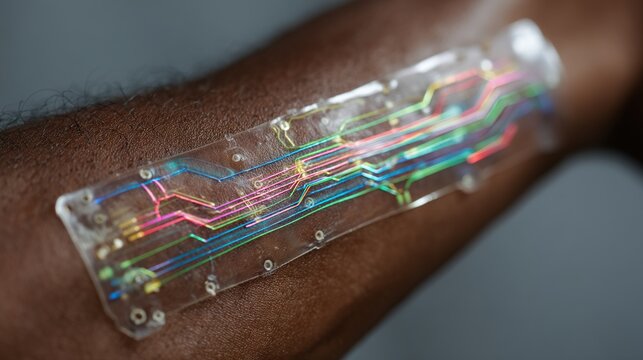 A transparent patch with multicolored circuits adhered to human skin